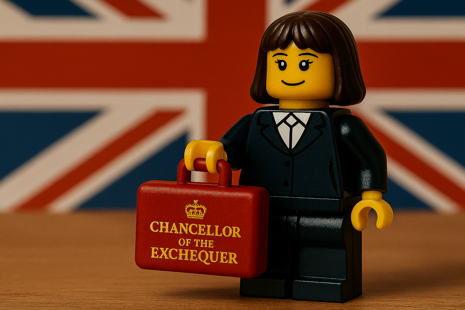 Budget 2025 The chancellor as a lego model standing in front of a union jack